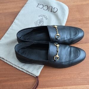 Gucci Black Leather Slip-On Loafers with Gold Detail